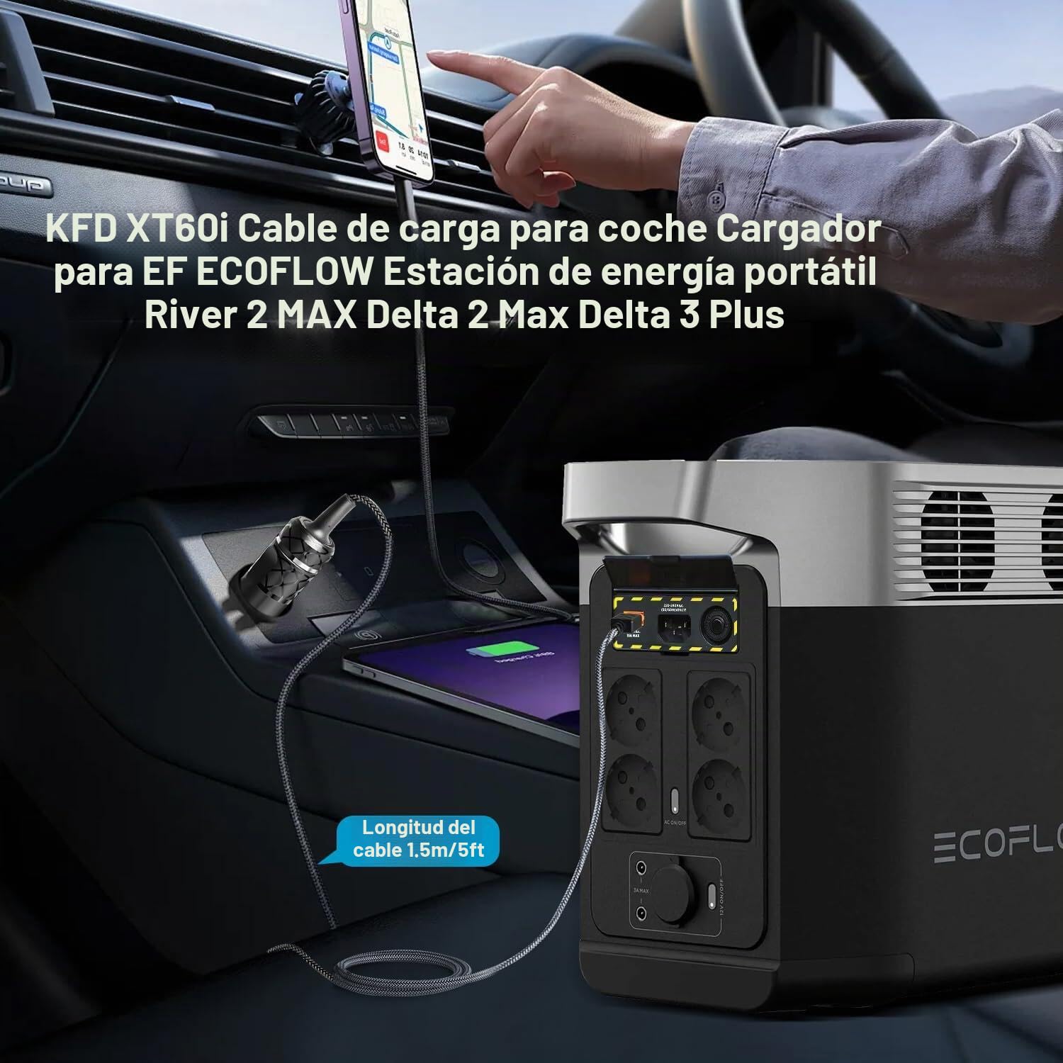 KFD XT60i Cargador Mechero para DJI Power 1000 Cable, ECOFLOW Delta 3 Plus Delta 2 3 Max RIVER 2 MAX BLUETTI Elite 30/100 V2 Estación de energía portátil Car Charger DC 12V/24V Extension Cable