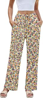 Women Summer Casual High Waist Wide Leg Pants Fashion Lightweight Flowy Boho Beach Trousers with Pockets