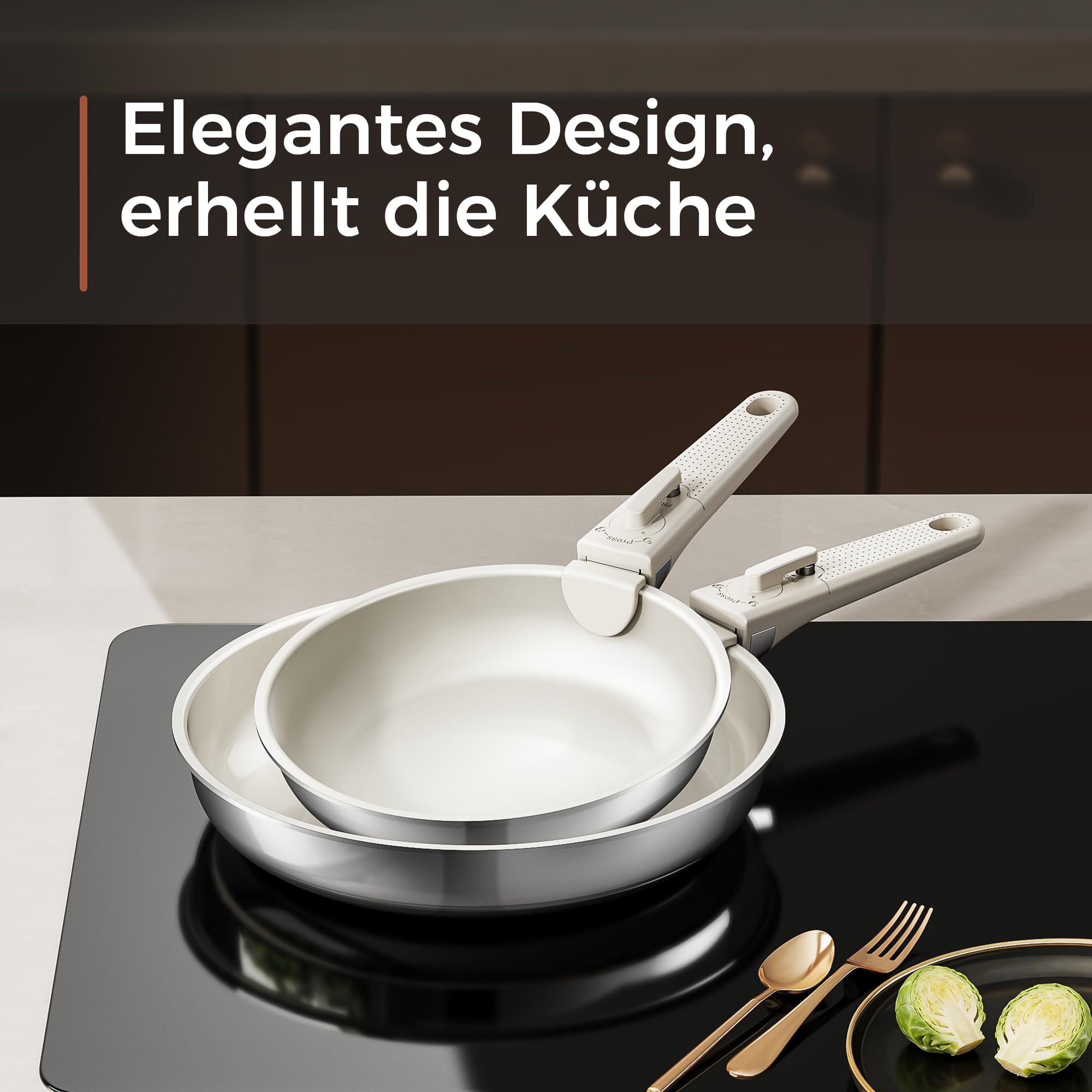 5-Teiliges Antihaft Keramik Pfannenset mit Abnehmbarem Griff, 3-Schichtiger Edelstahl Topf Set-PTFE/PFAS/PFOA frei, Töpfe Induktion, Platzsparendes Kochgeschirr, Backofen & Spülmaschinenfest