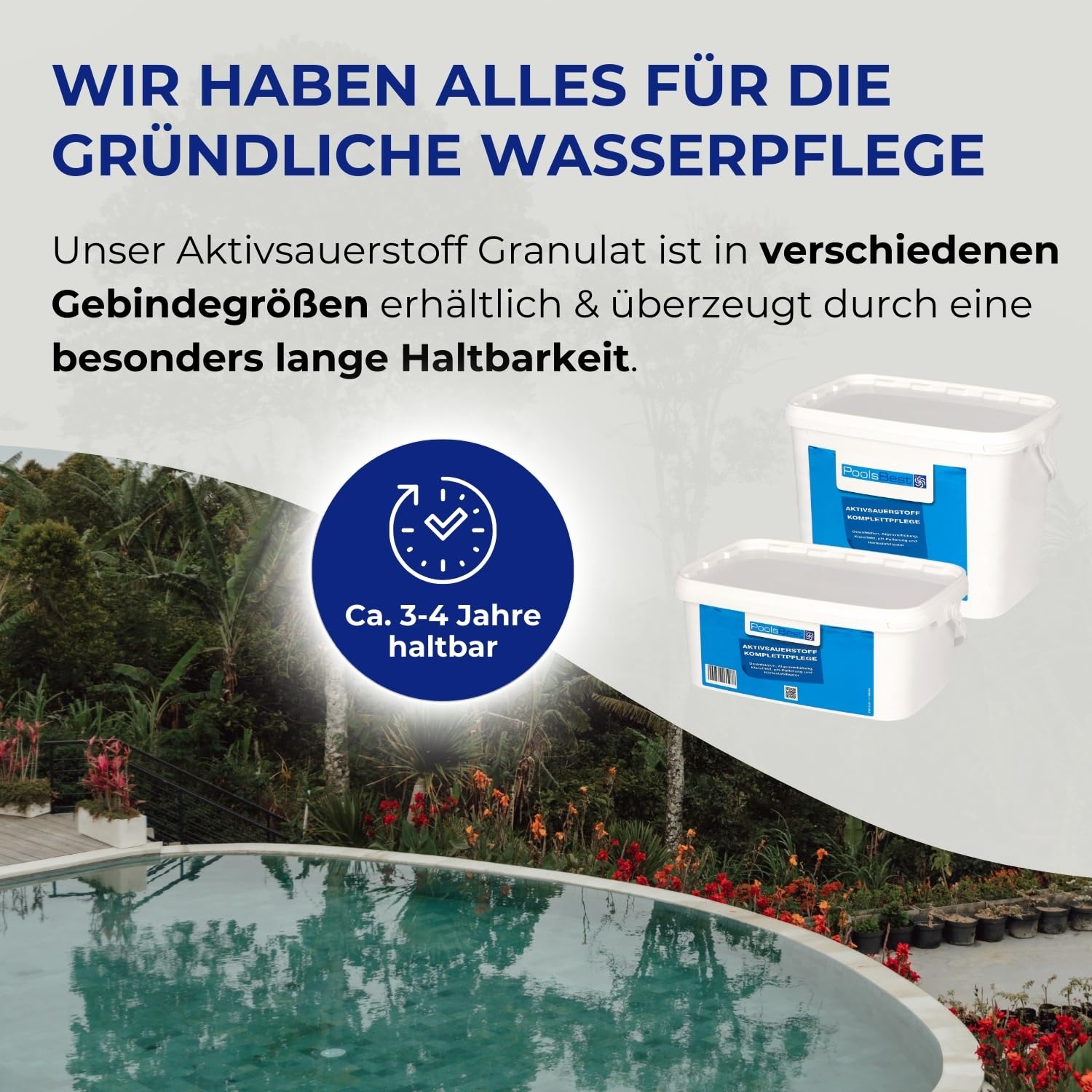 PoolsBest Aktivsauerstoff Pool Komplettpflege 4,48 kg I Aktivsauerstoff Granulat mit Klareffekt I 8 Doppelbeutel mit chlorfreiem Sauerstoffgranulat I Pool Sauerstoff zur Desinfektion & Algenverhütung