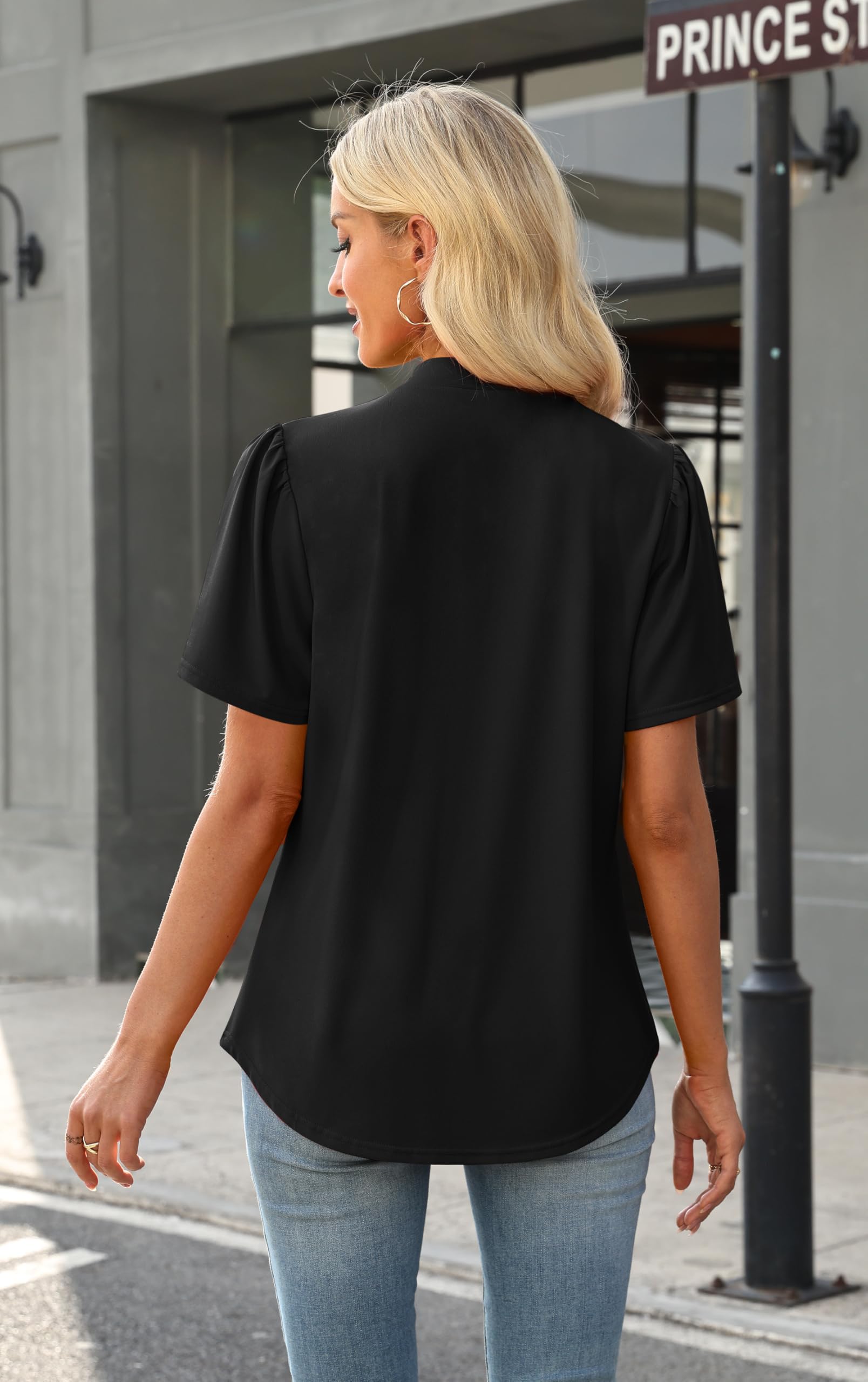 WIHOLL Womens Tops Short Puff Sleeve Shirts Mock Neck Pleated Spring Blouses Dressy Casual Business Casual Summer Outfits — view 4