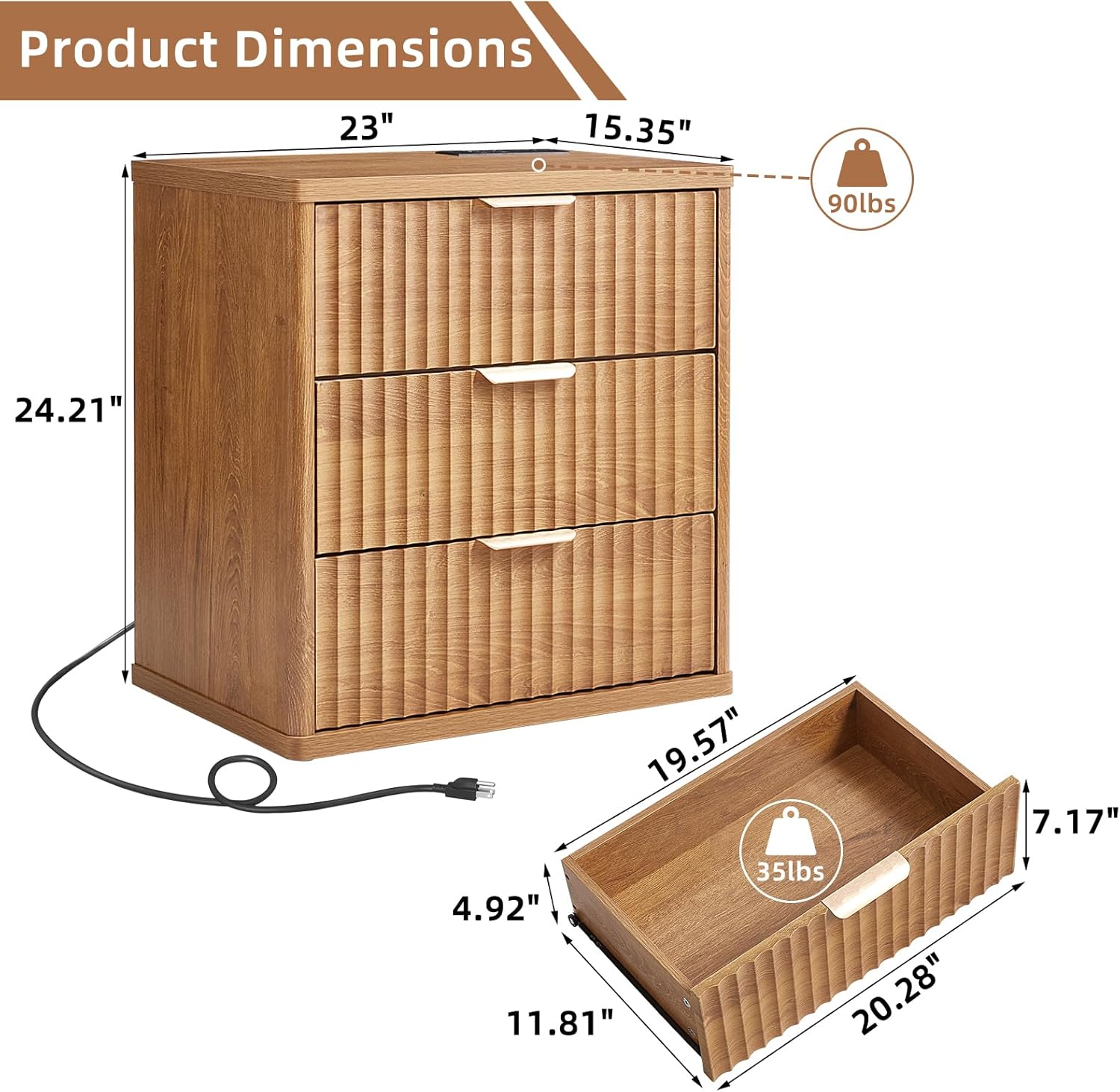 Lerliuo 23" Wide Fluted Night Stand with Charging Station, 3 Drawers Large End Table with Storage, Brown Nightstand Wood Bedside Tables, Farmhouse Cabinet Dresser for Bedroom