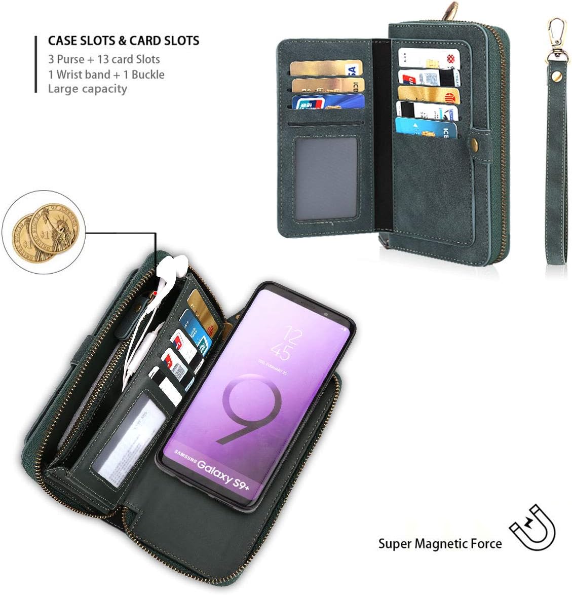 Petocase Compatible Wallet Case for S9 Plus, Multi-Function Zipper Purse with Detachable Magnetic Back Cover Wristlets 13 Card Slots & 4 Cash Pocket for Samsung Galaxy S9 Plus Green