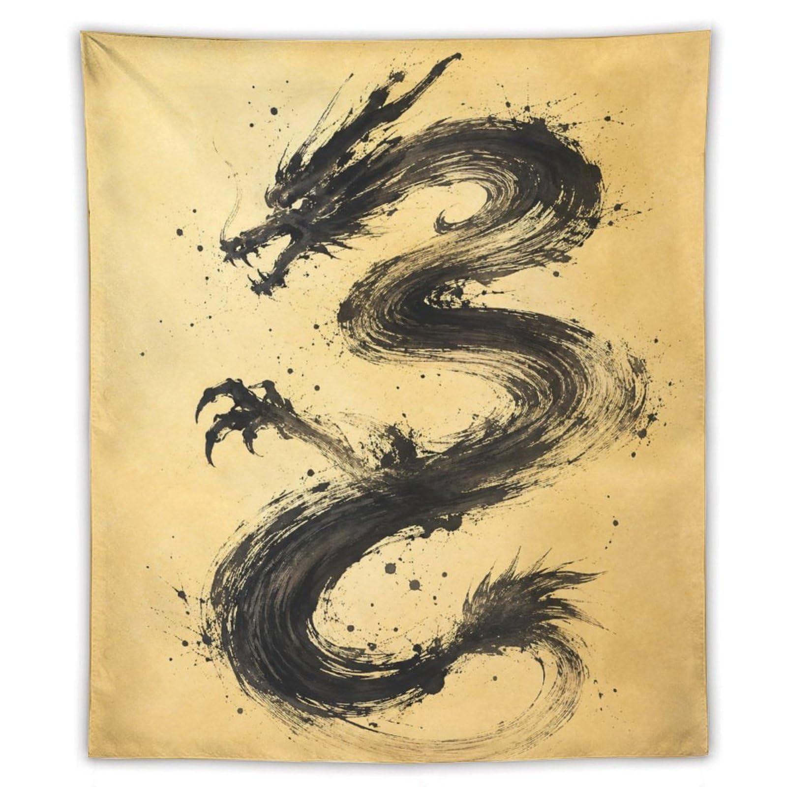 W7C8U2X3 Black Dragon Brushstroke Wall Tapestry, Asian Ink Style, Asian Ink