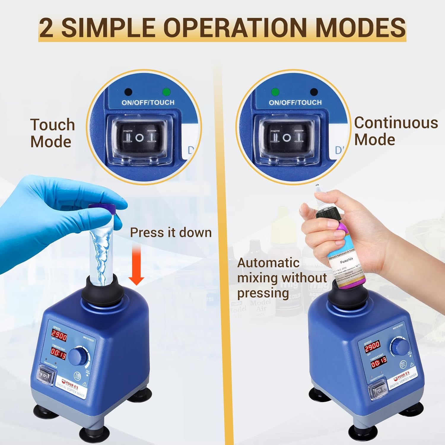 4E's USA LED Vortex Mixer Various Speed 400-3000rpm with Platform pad for ＜Φ99mm Tubes and Small Vessels, Lab Vortexer with Touch, Timer and Continuous Modes for Tubes, Nail Polish and Paints Ink