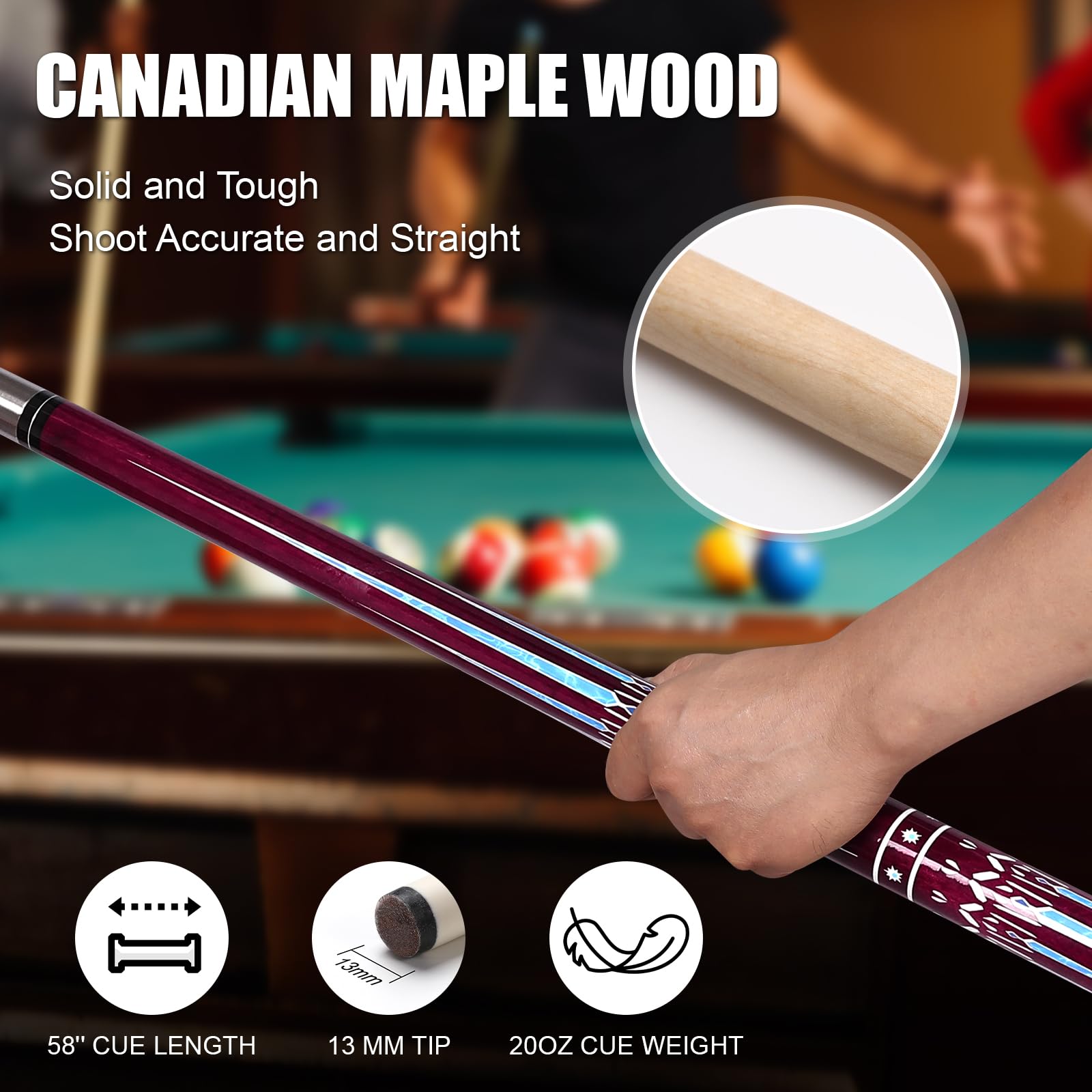 Billard Queue, 58'' 20oz Pool Queue Kanadischer Ahorn Pool Cue 13mm Spitzen für Professionelle Billardspieler, Queue Stick für Billard Tisch Sport