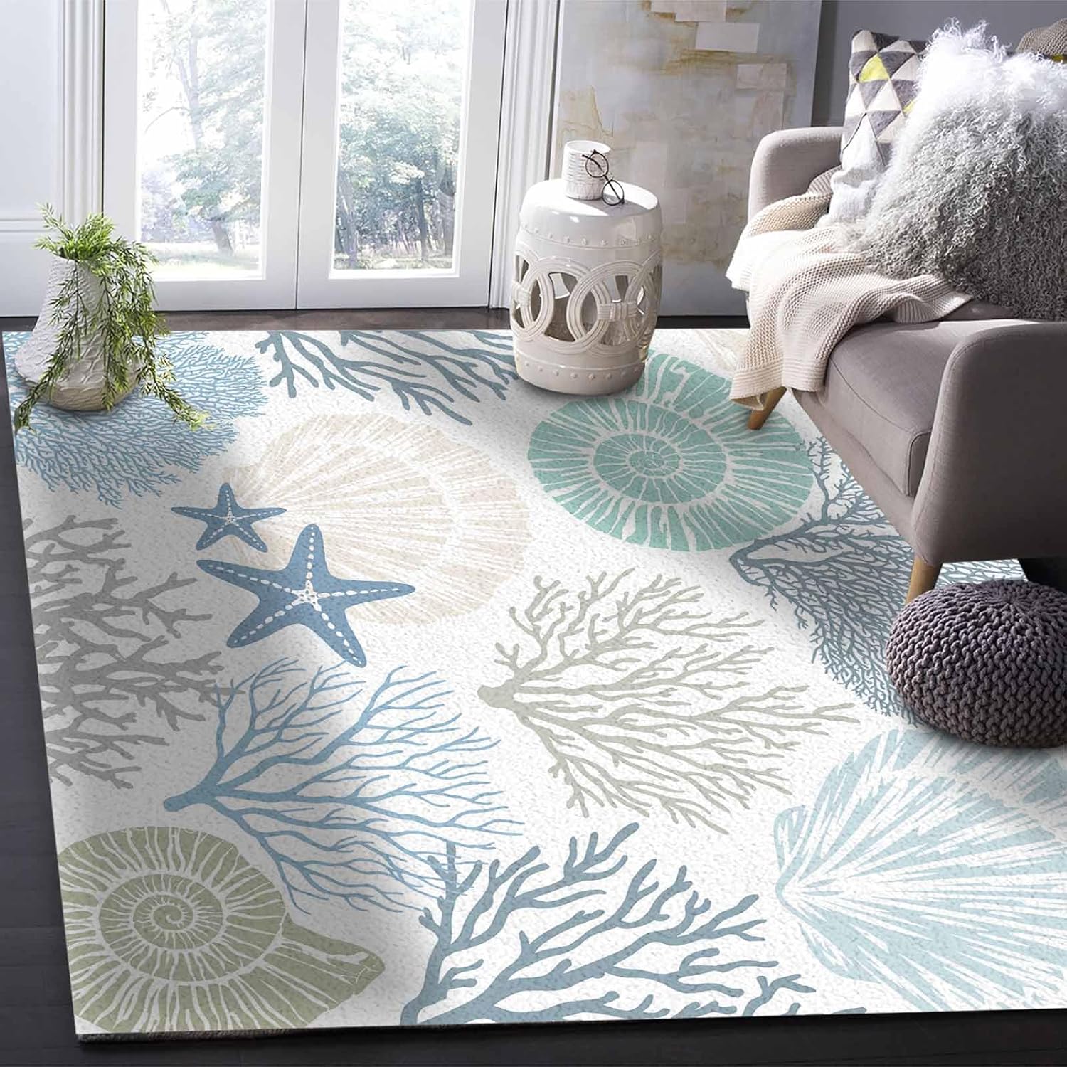 Blue Coral Area Rug for Living Room, Coastal Ocean Nautical Rectangular Indoor Carpet - 2'7" x 5', Summer Starfish Shells Marine Themed Non-Skid Bathroom Mat Kitchen Runner Rugs for Bedroom