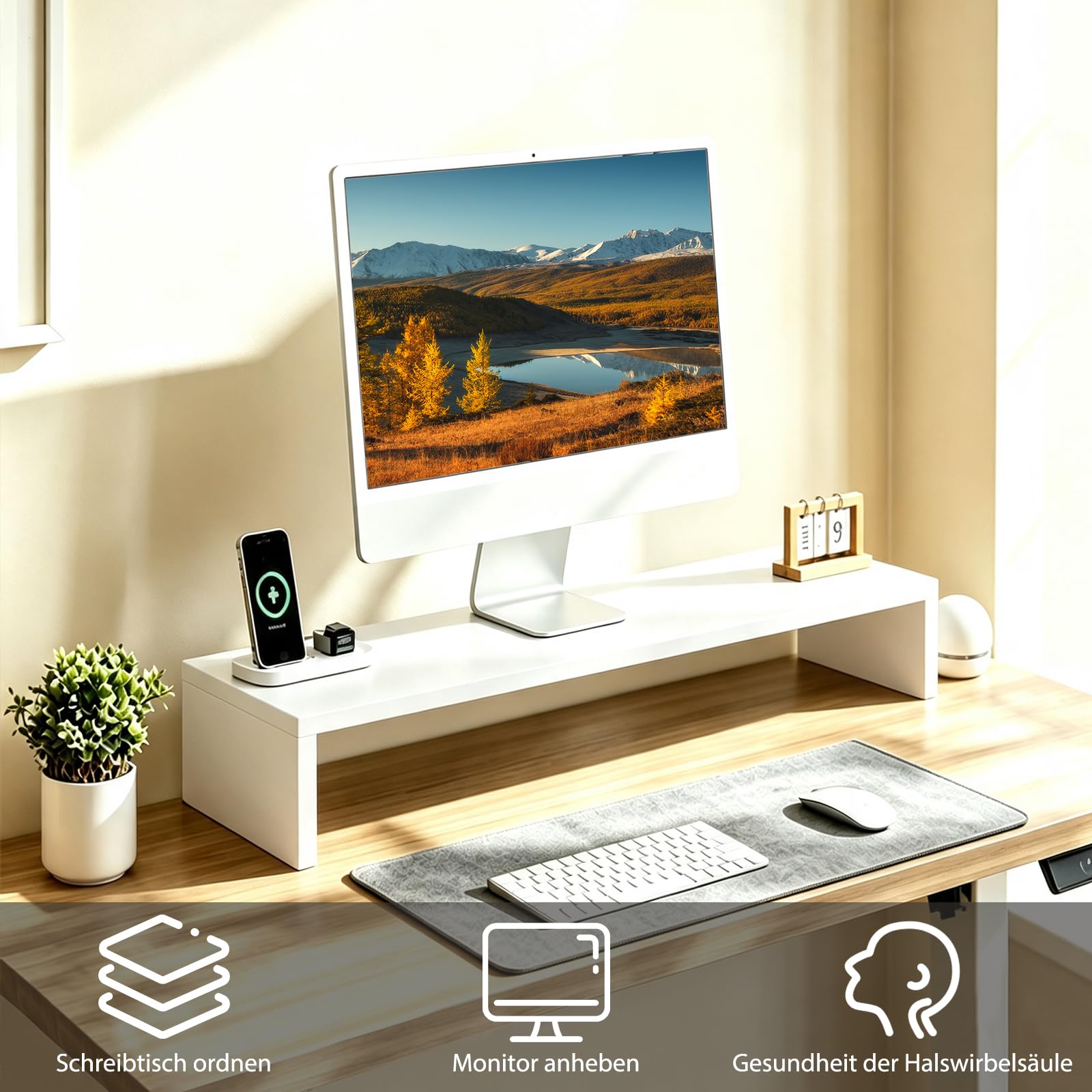 Soporte elevador para monitor y TV, organizador ergonómico de 12 cm de altura para pantallas de hasta 32 pulgadas, diseño de ahorro de espacio 85 x 35 cm (largo x ancho)