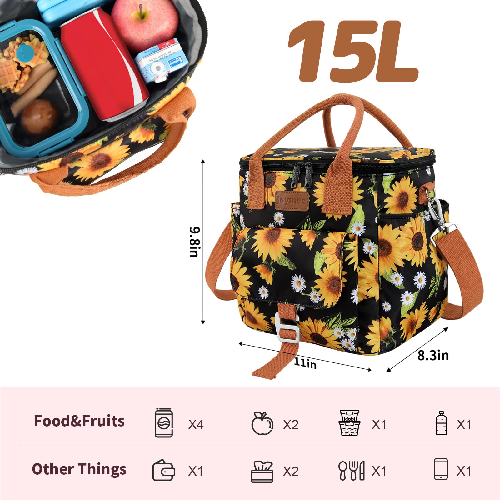 Joymee Insulated Lunch Bag for Women/Men, Waterproof Lunch Box for Office Work Picnic Beach, Reusable Large Leakproof Cooler Tote Bag with Adjustable Shoulder Strap & Side Pocket, Sunflower