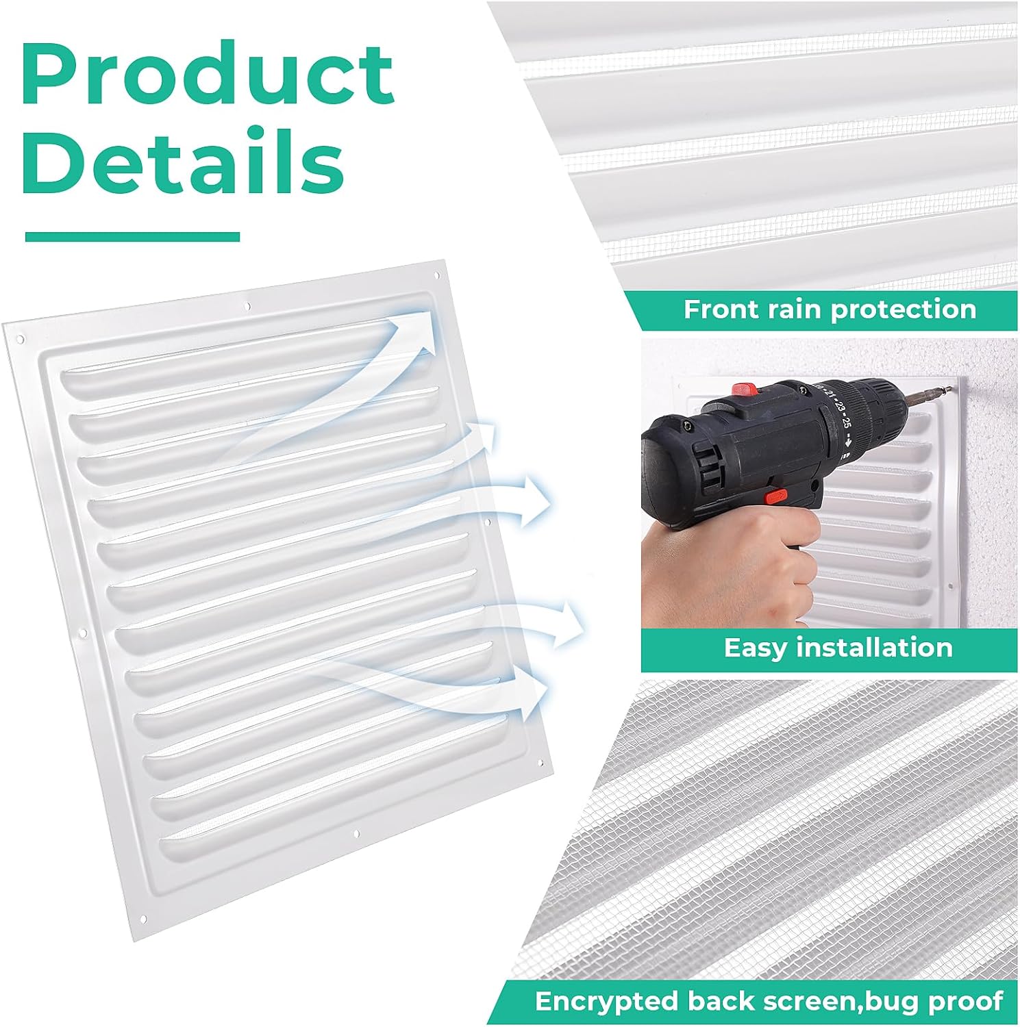 2pcs Attic Vents Gable Vents Aluminum Wall Vent Metal Shed Vent with Screen Mesh Square Vent Louver Vent Grille for Exterior Door House Attic Garage Ceiling (White,10 x 10 Inch)