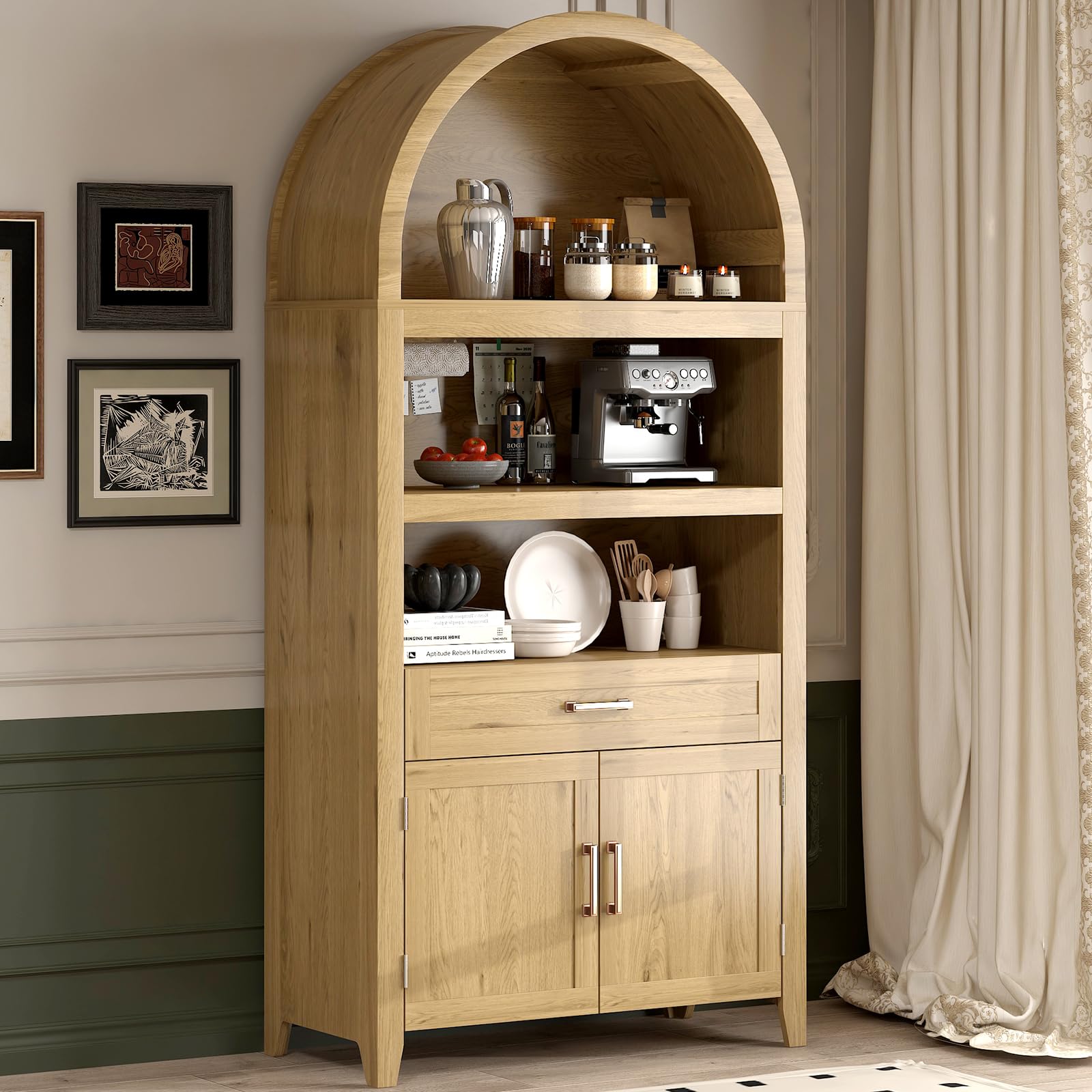 Armadietto corto ad arco con cassetti, libreria moderna in legno con anta, vetrina ad arco con ripiani, libreria per cucina, soggiorno, camera da letto, ingresso, naturale