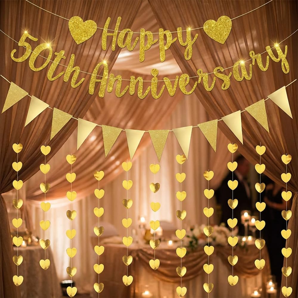 50th Wedding Anniversary Decorations - Golden Banner Set with Heart Garland & Triangle Flags - Easy to Install Paper Decor for Golden Wedding Party Supplies