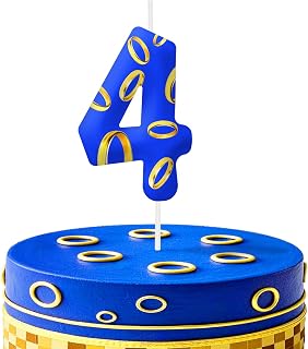 Blue 4th Birthday Number Candles, Number 4 Candle Cake Topper Decorations for Blue and Golden Rings Themed Parties, Birthday Cake Candles for Boys Girls Party Supplies