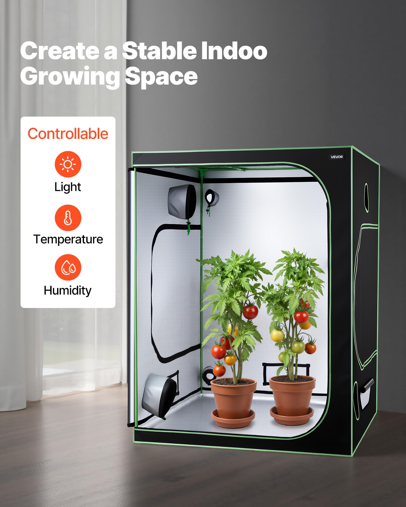 VEVOR Armario de Cultivo Interior 150x150x200 cm, Carpa de Cultivo con Ventana de Observación, Bandeja de Suelo y Cremallera, Mylar 600D de Alta Reflectancia, Tienda para Plantas, Flores, Verduras