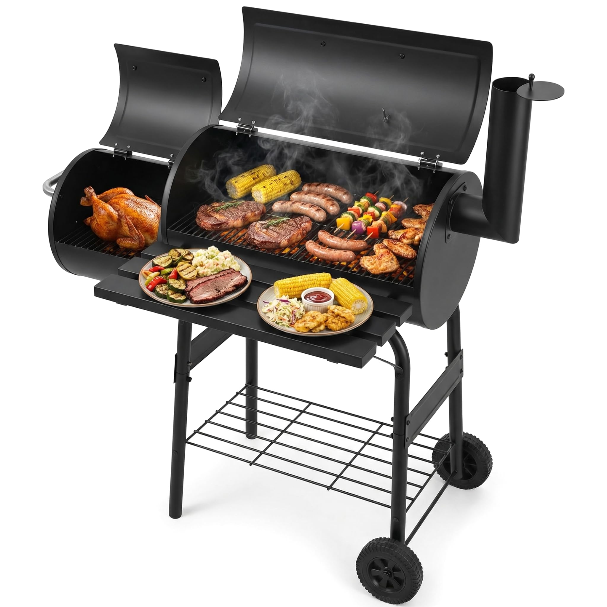 Charcoal BBQ Drum Barrel Grill,2 in 1 Barbeque and Smoker, Large Portable Drum Barrel with Fold Down Shelves, Temperature Gauge, Wheels, Cooking Grill, Air Vents For Garden Outdoor Cooking
