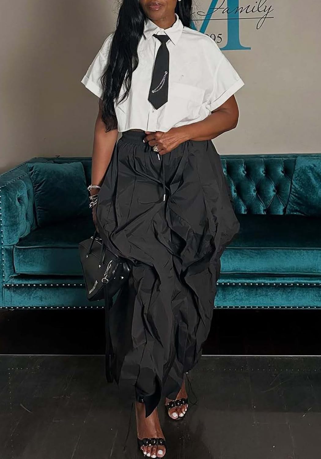 Lucuna Women's Baggy Barrel Cargo Pants Y2k High Waisted Drawstring Wide Leg Casual Ruffle Patchwork Parachute Trousers Pants - Image 4