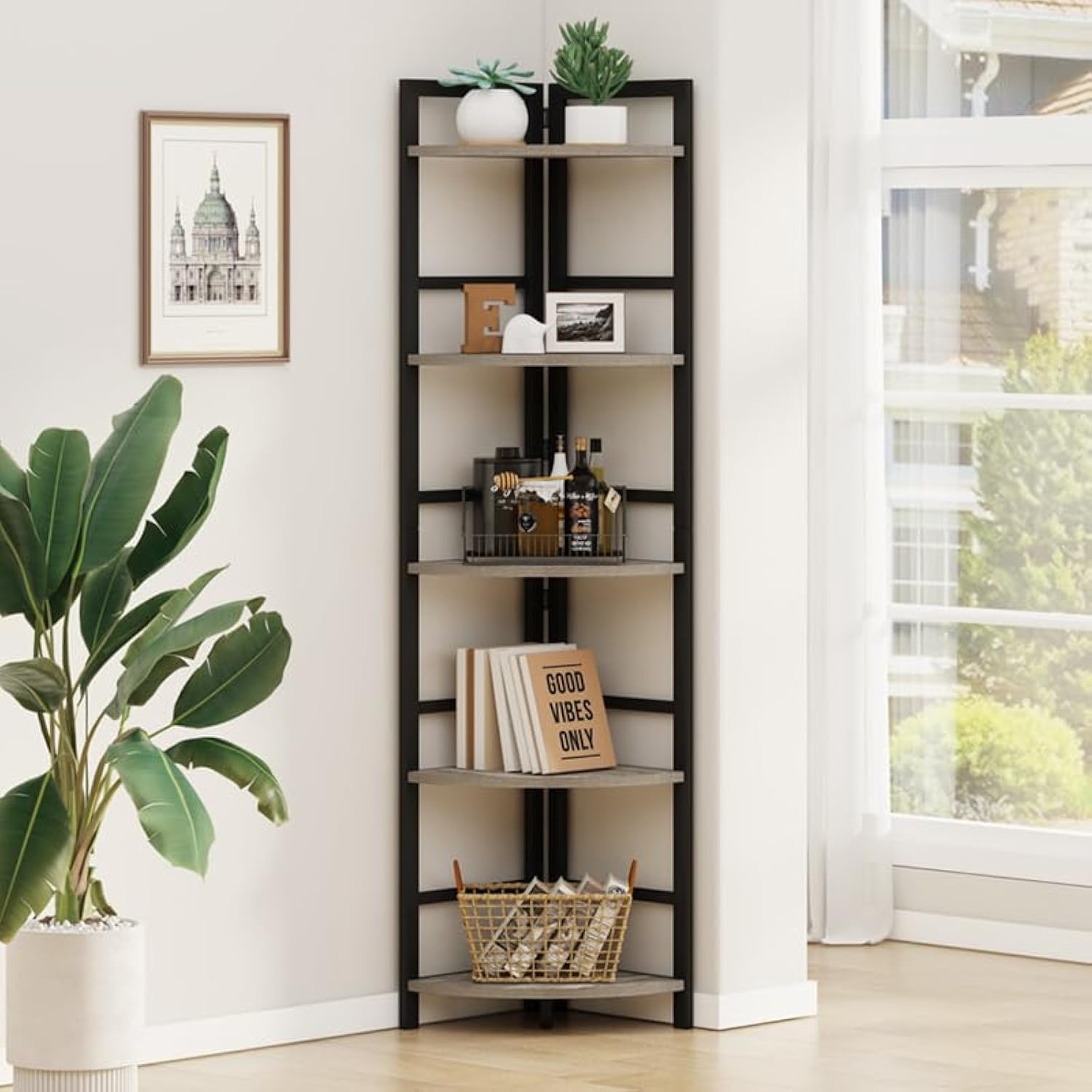 BON AUGURE Rustic Corner Shelf Stand, Tall Industrial Corner Bookshelf, Wood Metal 5 Tier Bookcase Shelves, Display Shelving Unit for Kitchen, Living Room (Dark Grey Oak)