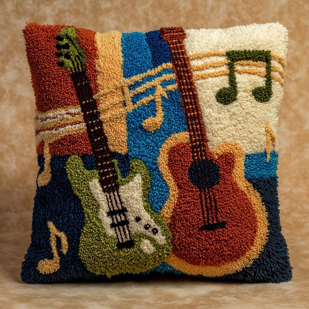 Latch Hook Pillow Kit Guitar and Music Notation with Pre-Printed Pillow Cover DIY Pillowcase Crochet Yarn Hooking Craft Set for Hobby and Home Decor 43x43cm-3
