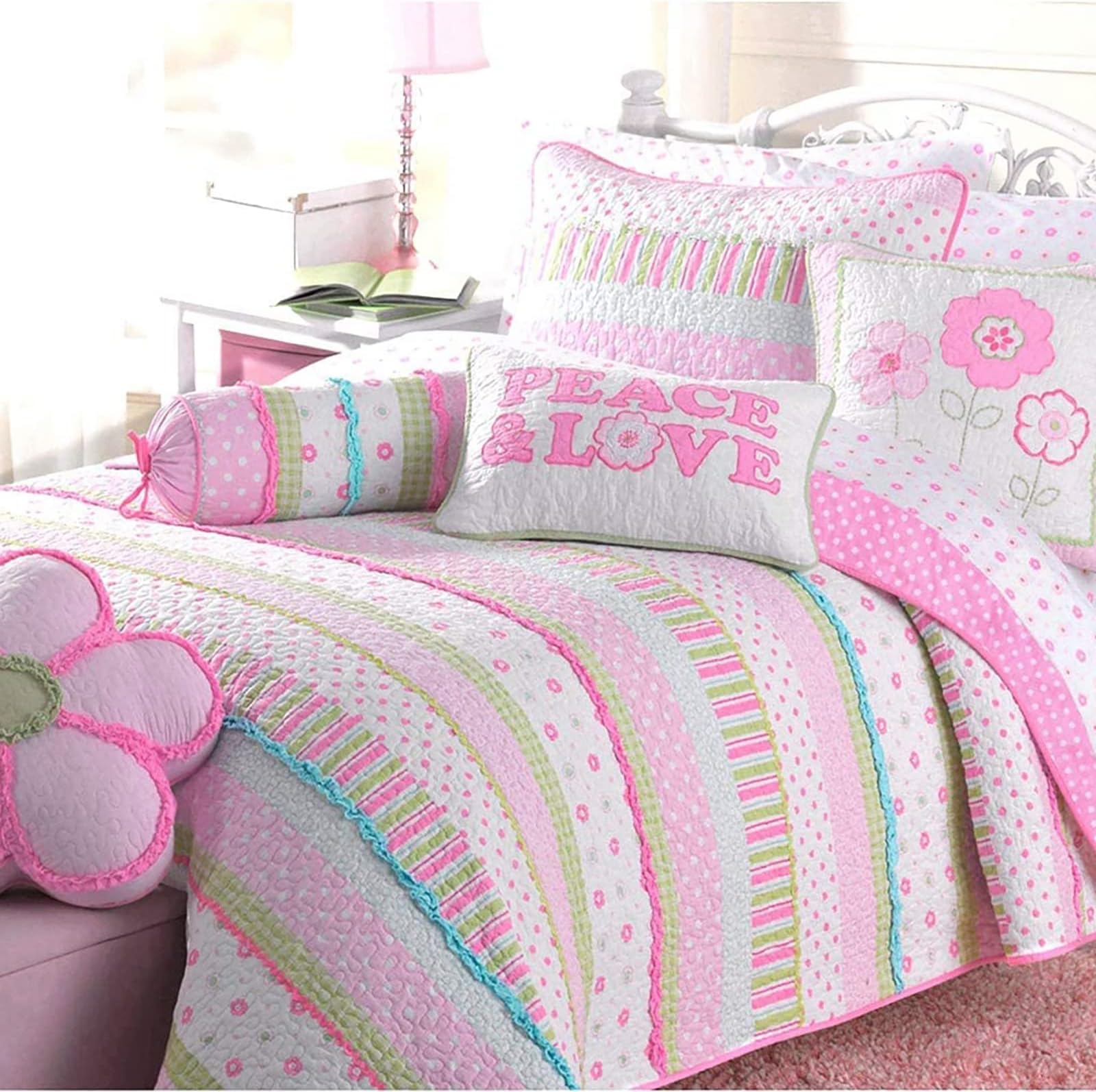 Cozy Line Home Fashions Pink Polka Dot Flower Girl 100% Cotton Reversible Quilt Bedding Set, Coverlet, Bedspread (Greta Pastel, Twin - 2 Piece: 1 Quilt + 1 Sham)