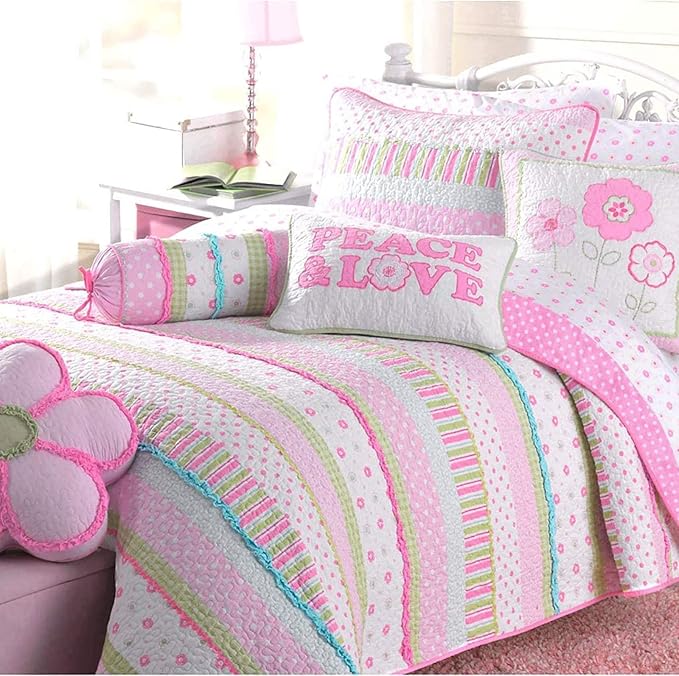 Cozy Line Home Fashions Pink Polka Dot Flower Girl 100% Cotton Reversible Quilt Bedding Set, Coverlet, Bedspread (Greta Pastel, Twin - 2 Piece: 1 Quilt + 1 Sham): Buy Online at Best Price in UAE