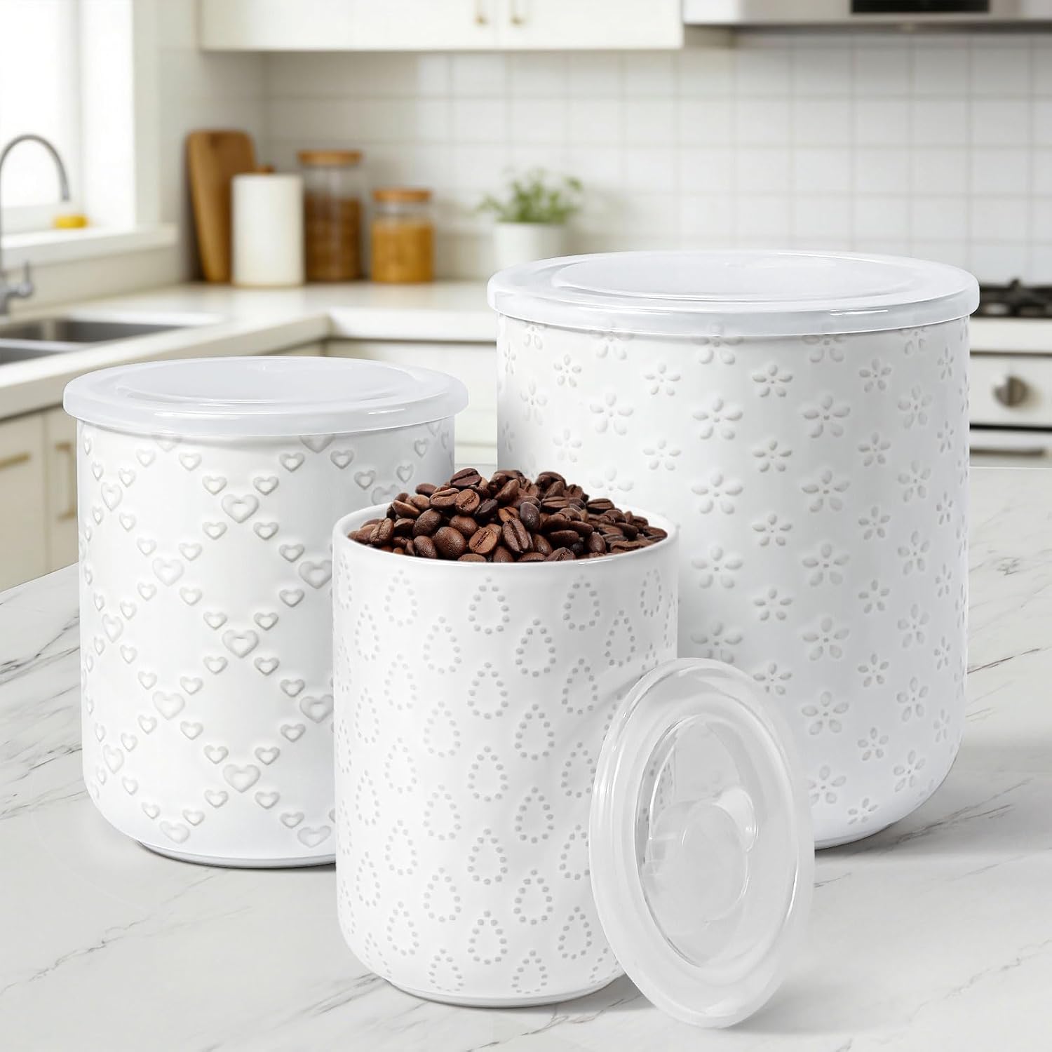 Kitchen Utensil Holder for Countertop, Ceramic Utensil Holder for Kitchen Counter, Set of 3, Kitchen Decor, Utensil Organizer for Spatulas and Spoons, Flower Arrangement and Storage for Coffee (White)