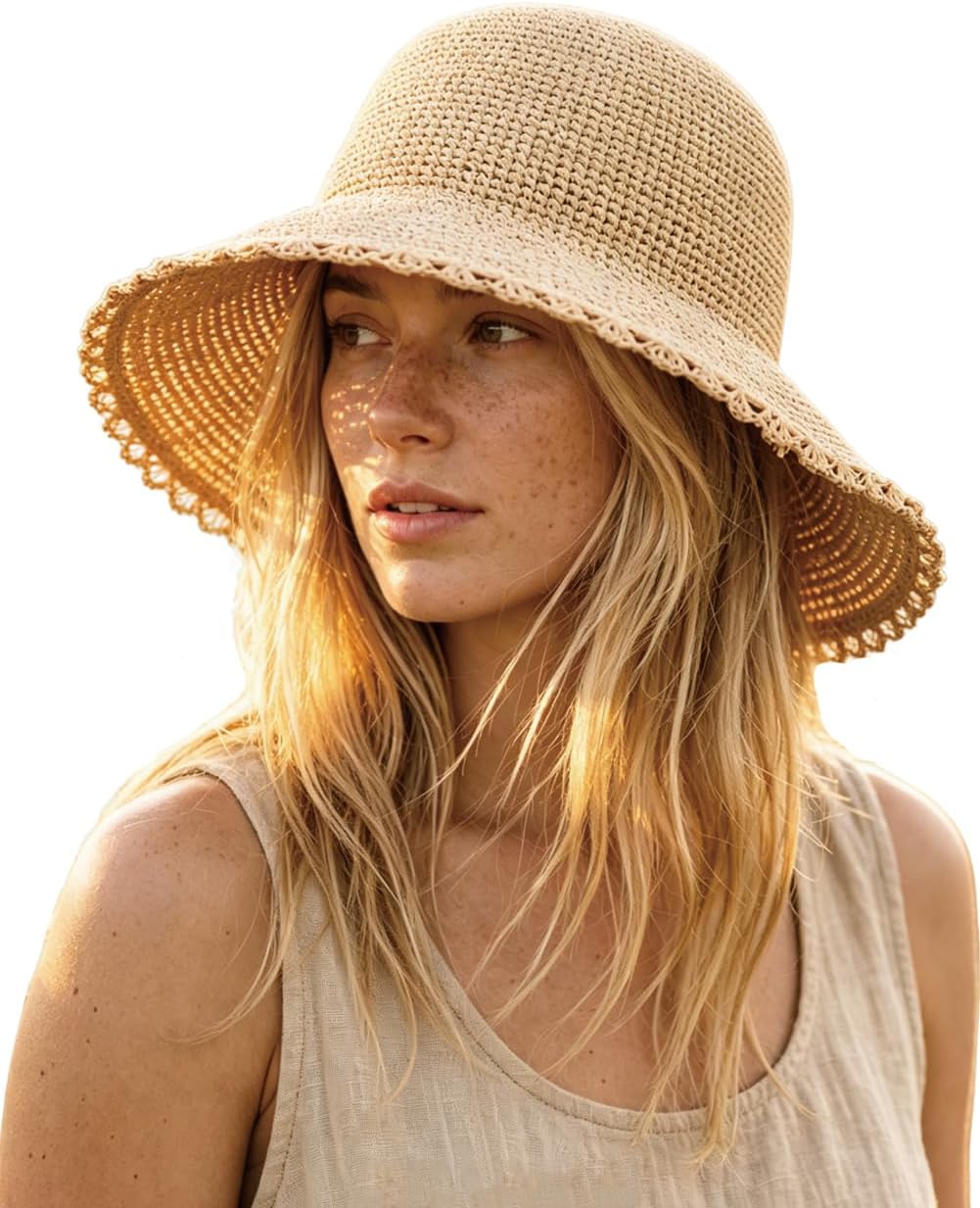 Women's Raffia Straw Bucket Hat Natural Raffia Beach Hat Handmade Woven Foldable Sun Hats Summer Travel Cap
