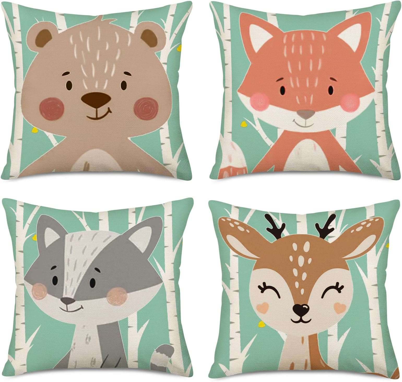 Fukeen Set of 4 Throw Pillow Cases Cartoon Animal Woodland Decorative Cotton Linen Cushion Cover Bear Fox Rabbit Home Baby Room Decor Standard Pillowcase 18x18 Inches