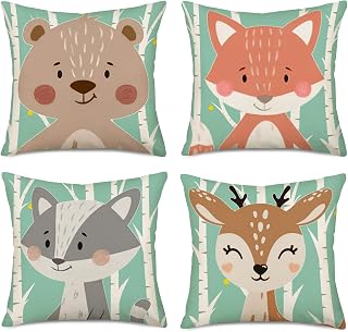 Fukeen Set of 4 Throw Pillow Cases Cartoon Animal Woodland Decorative Cotton Linen Cushion Cover Bear Fox Rabbit Home Baby Room Decor Standard Pillowcase 18x18 Inches