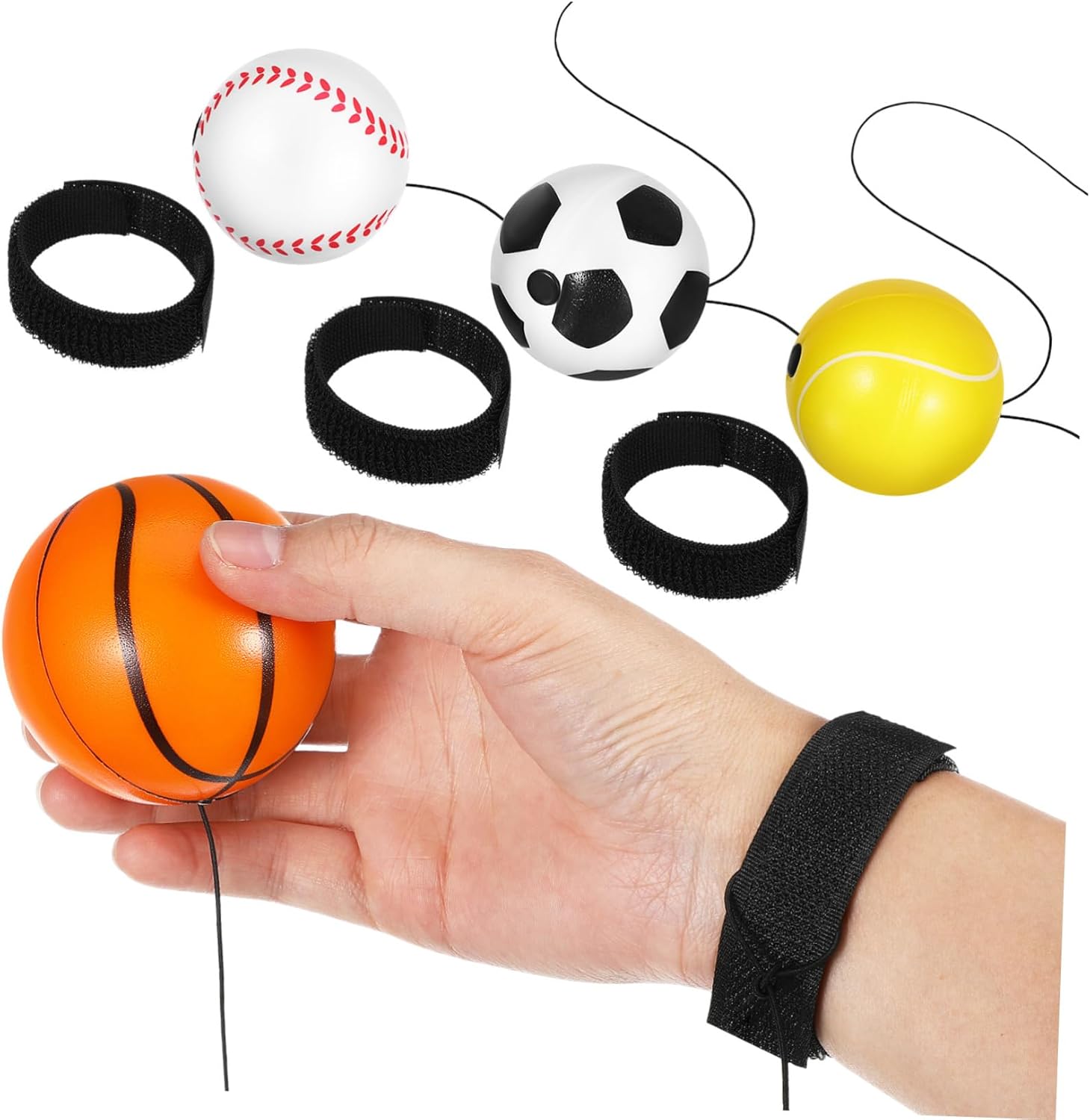Hemoton 4 Pcs Wrist Return Balls Bouncy Wrist Ball for Enhanced Agility and Strength Training for Teens and Adults Includes Basketball Baseball and Football