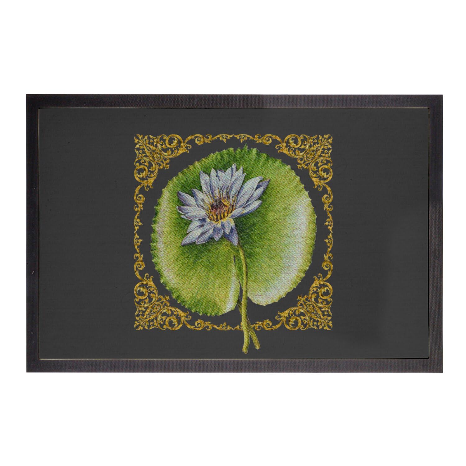 Paillasson Noir Lotus Elegant Tapis Botanique avec Cadre Frise Zoomer
