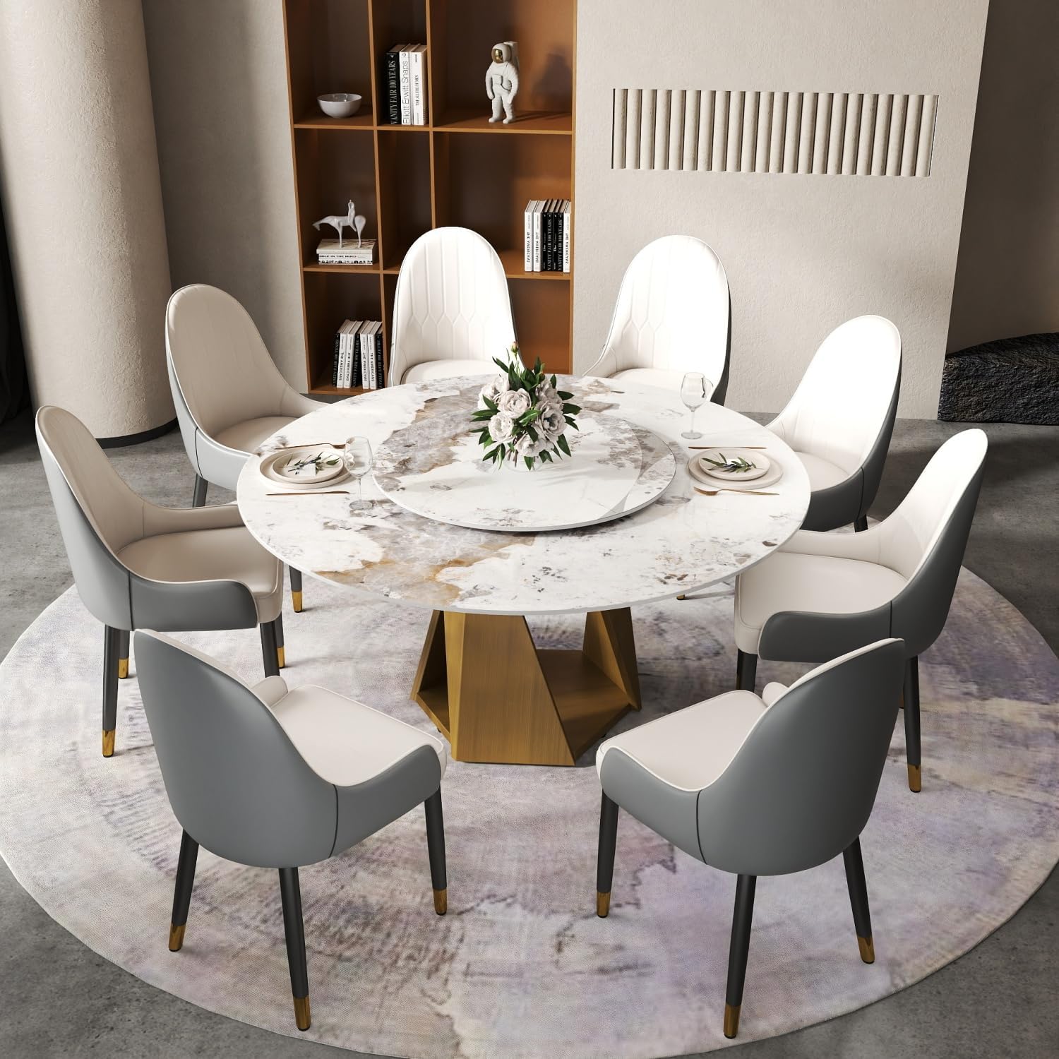 9-Piece Round Dining Table Set with Removable Turntable, Modern Marble Dining Room Table Set of 8, Luxury 59" D Sintered Stone Dining Table with 8 PU Leather Chairs Set