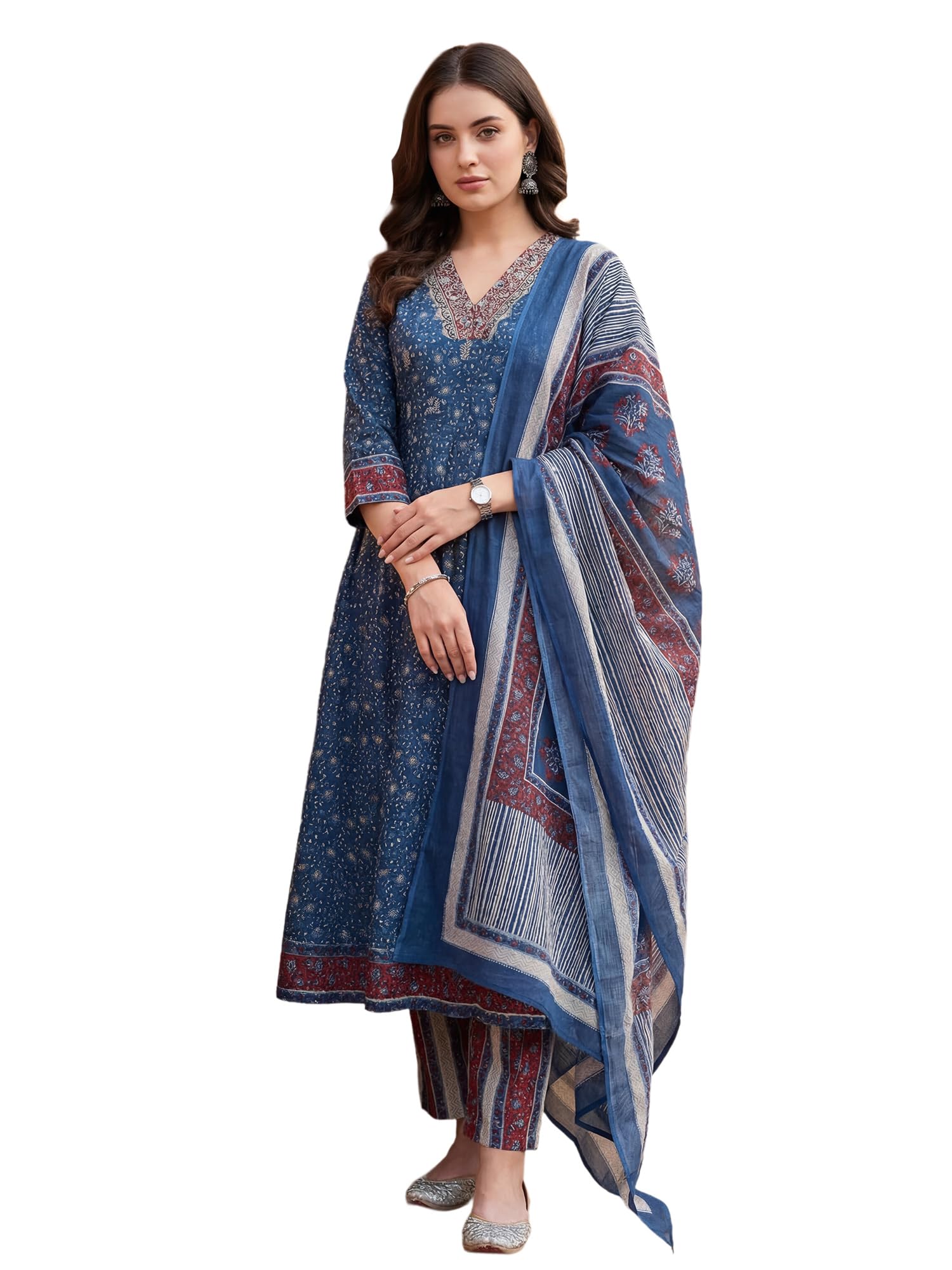 indo era Women's Pure Cotton Blue Floral Printed NA Flared Kurta & Pant with Dupatta Set-picture-25