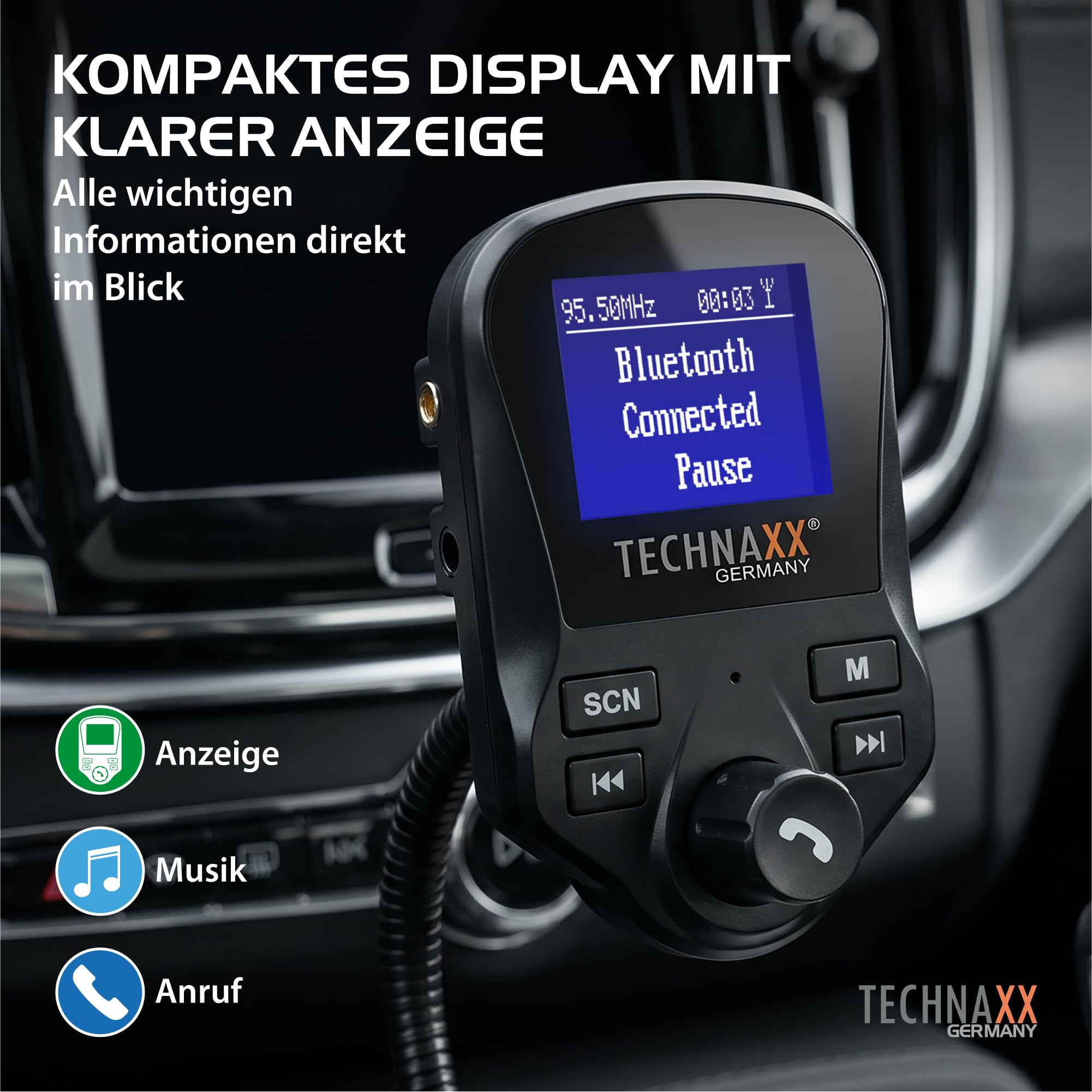 Technaxx FM DAB+ Transmitter FMT1500BT - Freisprecheinrichtung, Bluetooth V4.2, 2X USB, Mikrofon, Anrufe, MicroSD, DAB+ Radio via FM, AUX-IN, großes Display, Musik
