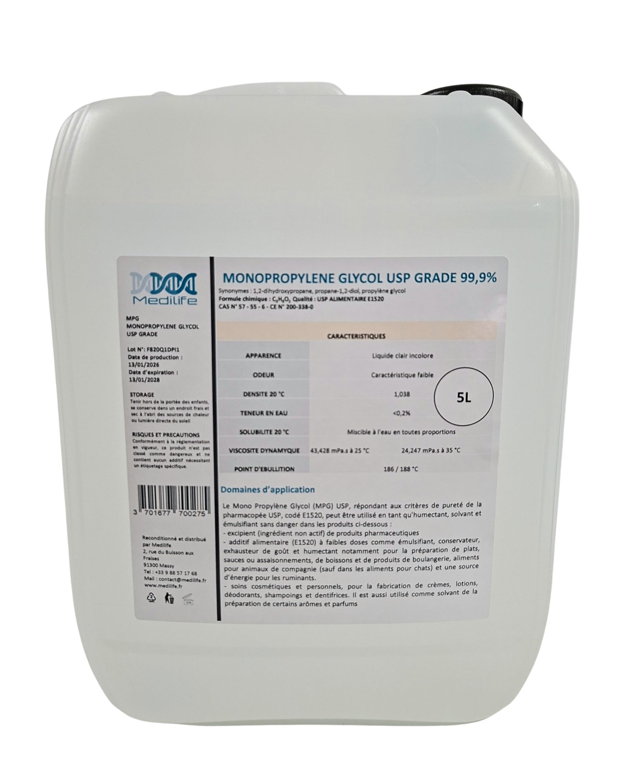 5 kg Mono Propylène Glycol (MPG) USP Alimentaire Grade 99.98%