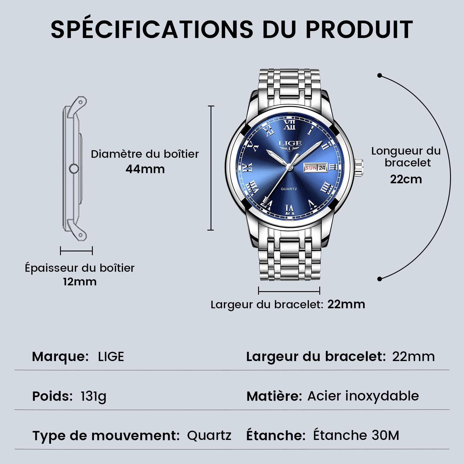 LIGE Montre Homme, Montres Bracelet Analogique à Quartz, Acier Inoxydable Etanche 3ATM, Fonction Calendrier, Aiguilles Lumineuses Affichage, Assortissement Classique Business Décontracté