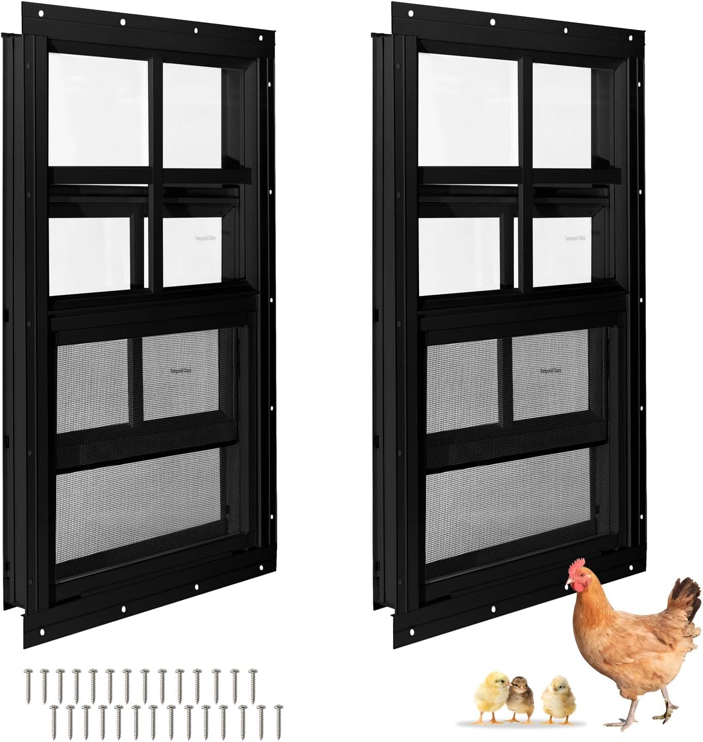 COLORPAPA 2 Pack Shed Windows,18" x 23" Flush Mount Small Window,Sliding Windows with Tempered Glass and Fiberglass Screen Shed, Chicken Coop, Playhouse, Household, Garage, Barns (Black)