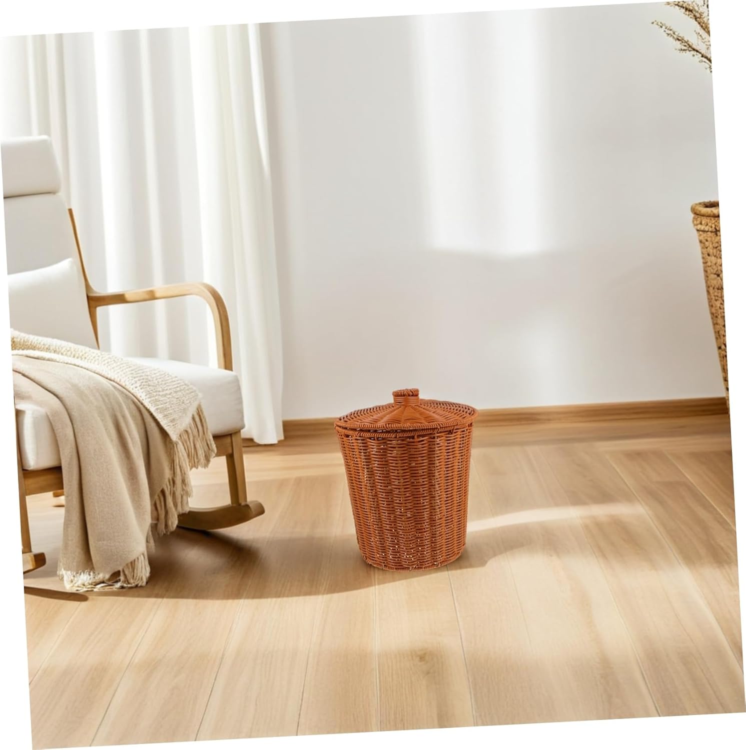 Imitation Rattan Storage Basket- Wicker Waste Basket with Lid, Floor Baskets for Living Room, Bed Room& Laundry Room