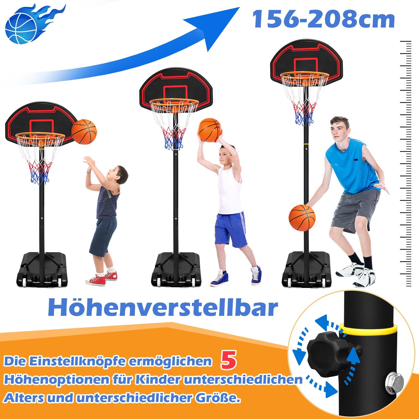 LZQ Basketballkorb Outdoor Kinder mit Rollen und Basketball, Basketballkorb Indoor Höhenverstellbar 156-208cm, Basketball Korb Standfuß mit Wasser oder Sand, Basketballständer Basketballanlage