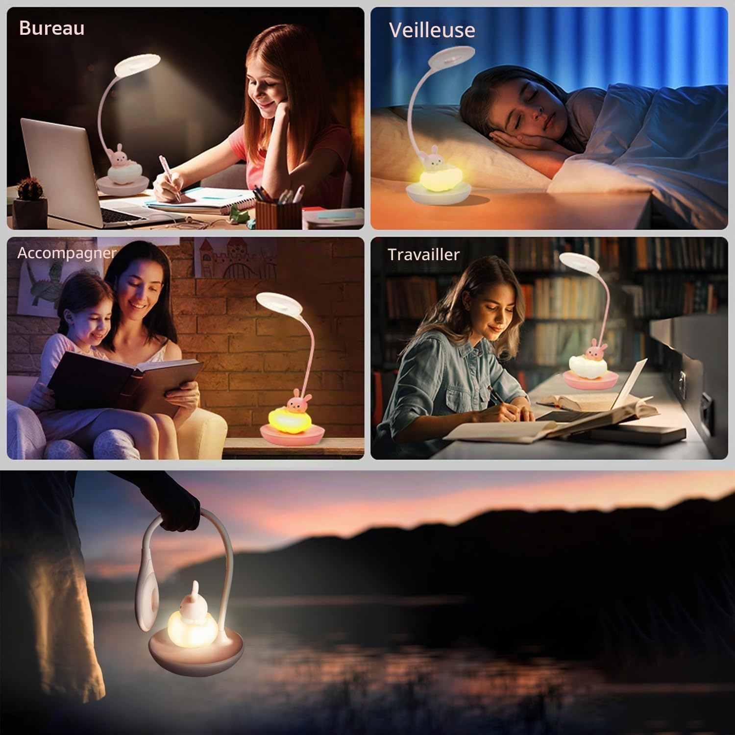 LED Lampe Bureau Enfant Fille, Lampe de Table 3 Niveaux de Lumière et 5 Combinaisons, Lampe de Bureau à toucher press Enfant pour fille, Lampe Kawaii Rechargeable Lapin Rose (ROSE)
