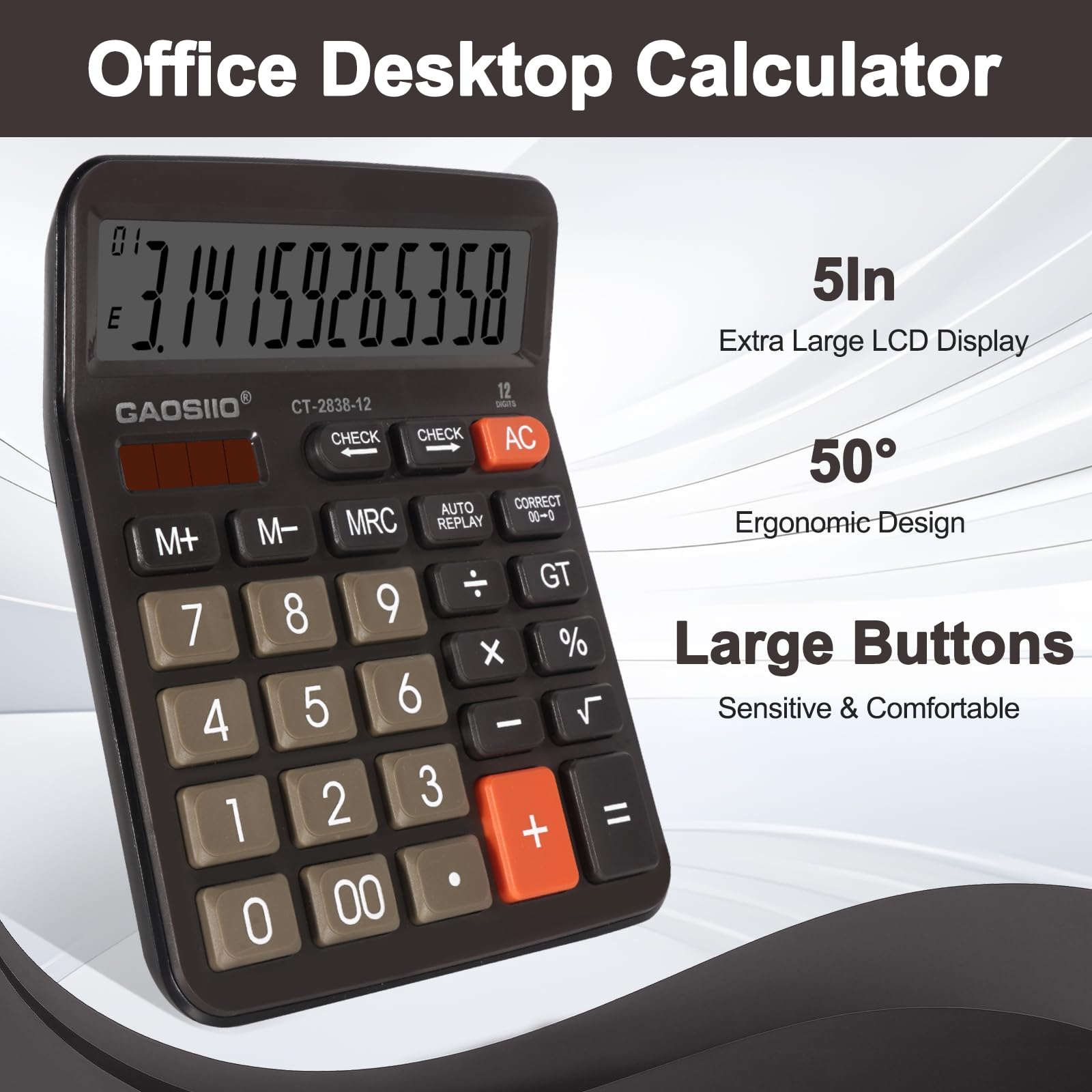 Calculadora de escritorio extra grande de 5 pulgadas, pantalla LCD de 12 dígitos, energía solar y batería, botón grande, función estándar para negocios, oficina, escuela (negro)
