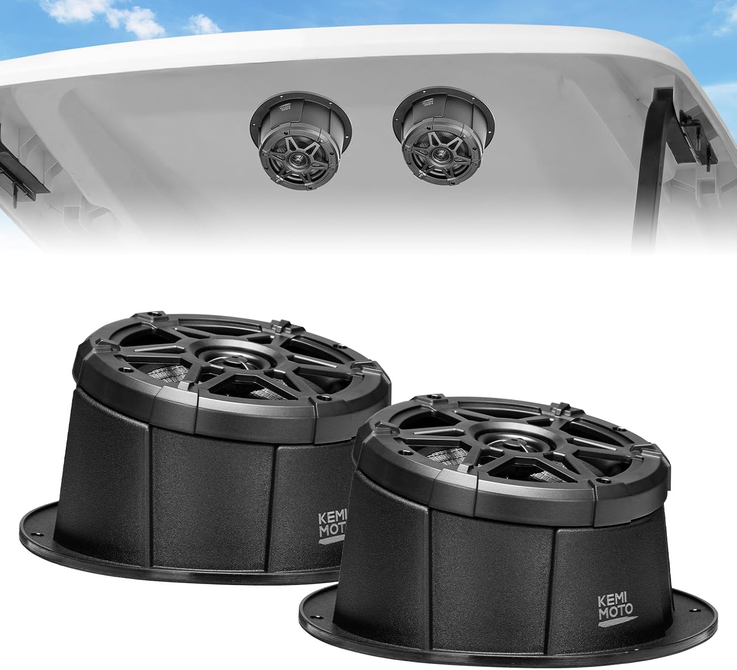 KEMIMOTO 6.5" IPX5 Waterproof Speakers with Enclosure Pods - Universal Fit UTV RV Boat Golf Cart, 200W Peak, Easy Install