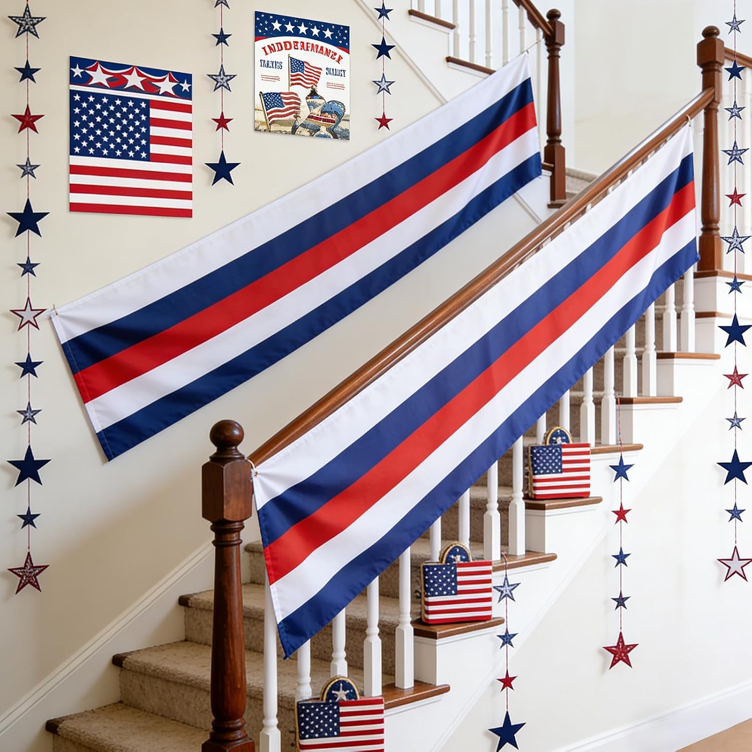 2 Pack Patriotic Bunting Banner, 4th of July Outdoor Porch Decorations 2.5 x 20 ft Red White and Blue American Flag for Memorial Day, Veterans Day, Home Yard (Independence Day-3)