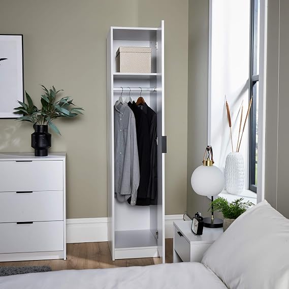 Home Source Phoenix Wardrobe with 1 Door | 180cm Tall White| Hanging Rail & Storage Shelf | Contemporary Bedroom Furniture | 40D x 48W x 180H cm