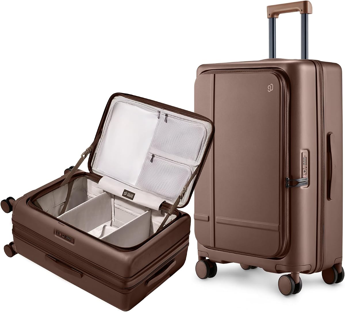NINETYGO Medium Checked Luggage Flat Top Opening, 25 Inch, Coffee Journey | Top Open Design Suitcase, Expandable, Coffee-Infused PC Hard Shell, Eco-Friendly, Cup Holder, TSA, Spinner Wheels (Latte)