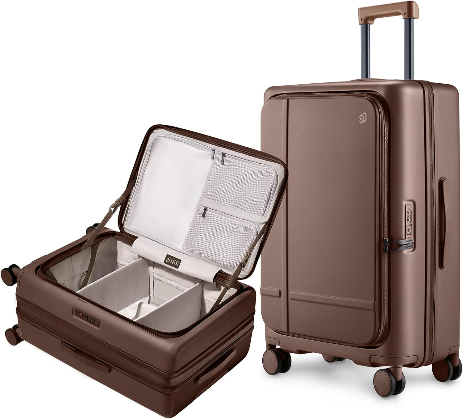 NINETYGO Medium Checked Luggage 25 Inch, Flat Top Opening Check In Luggage with Cup Holder, Expandable, Coffee-Infused PC Hard Shell, Eco-Friendly, TSA Lock, 360° Spinner Wheels (Latte)