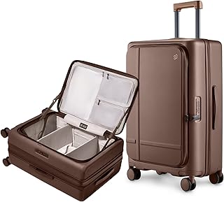 Medium Checked Luggage 25 Inch, Flat Top Opening Check In Luggage with Cup Holder, Expandable, Coffee-Infused PC Hard Shell, Eco-Friendly, TSA Lock, 360° Spinner Wheels (Latte)