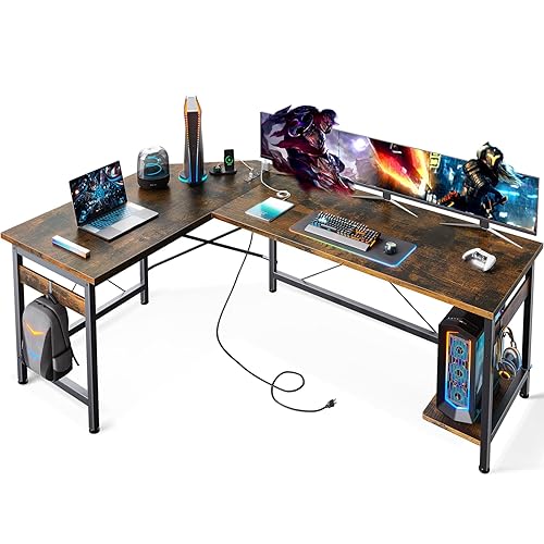 Coleshome 59" L Shaped Gaming Desk with Outlet, L Shaped Desk with CPU Stand, Corner Computer Desk, Home Office Desk, Writing Desk, Vintage - Vintage - 59 inch with Power Outlet
