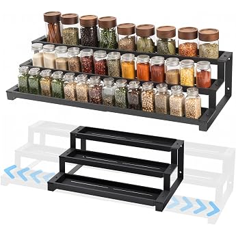 GOENDR Spice Rack with 3 Tiers for Indoor Cabinet, 41-75 cm, Expandable Spice Organiser, Large Spice Organiser, Spice Jar Rac