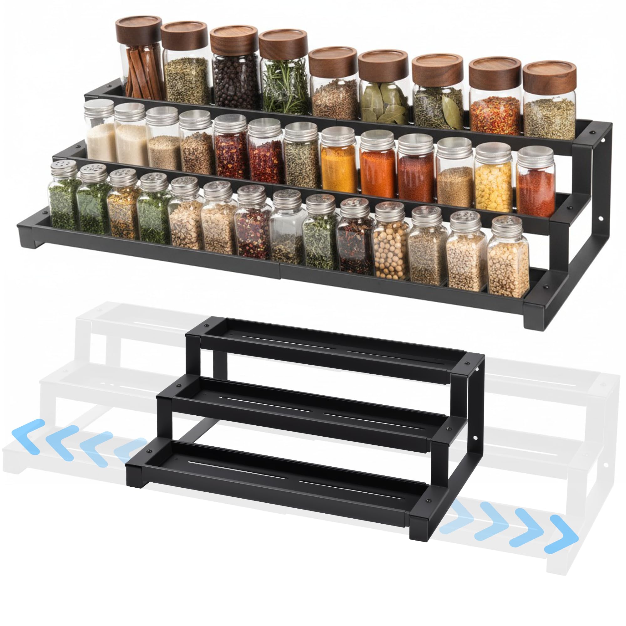 GOENDR 3 Tier Spice Rack for Inside Cupboard 41-75cm Expandable Spice Organiser, Large Seasoning Organizer