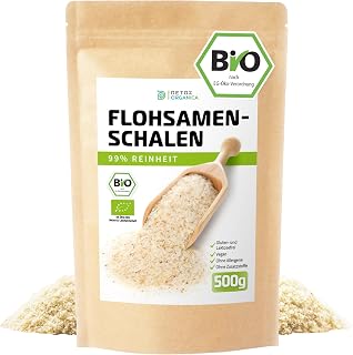 Flohsamenschalen Bio 500g, 99% Reinheit in Deutschland kontrolliert und abgefüllt, Vegan & Glutenfrei ohne Zusatzstoffe, Flohsamen Psyllium Husk